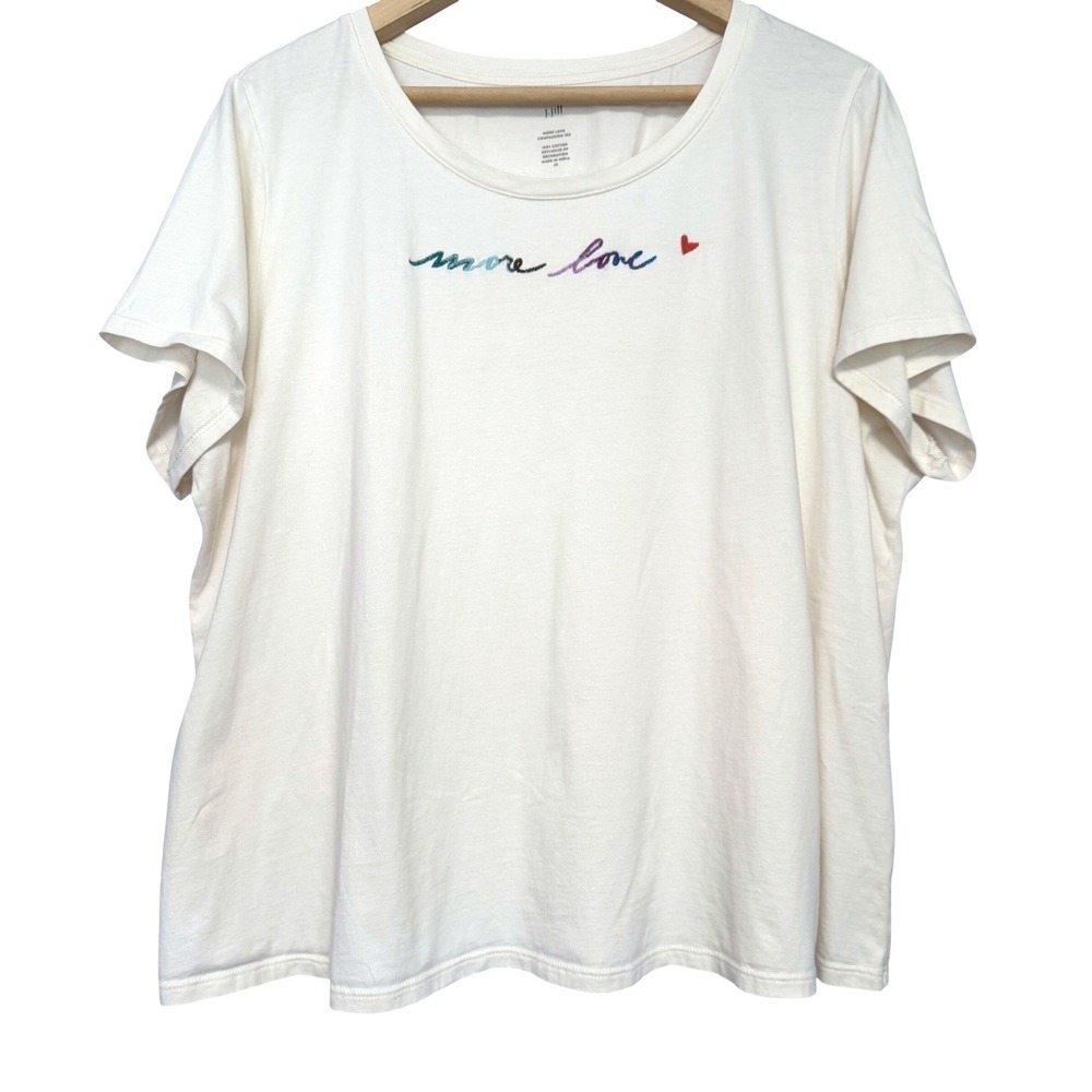 J Jill More Love Compassion T Shirt Womens 2X Cream‎ White Graphic Embroidered